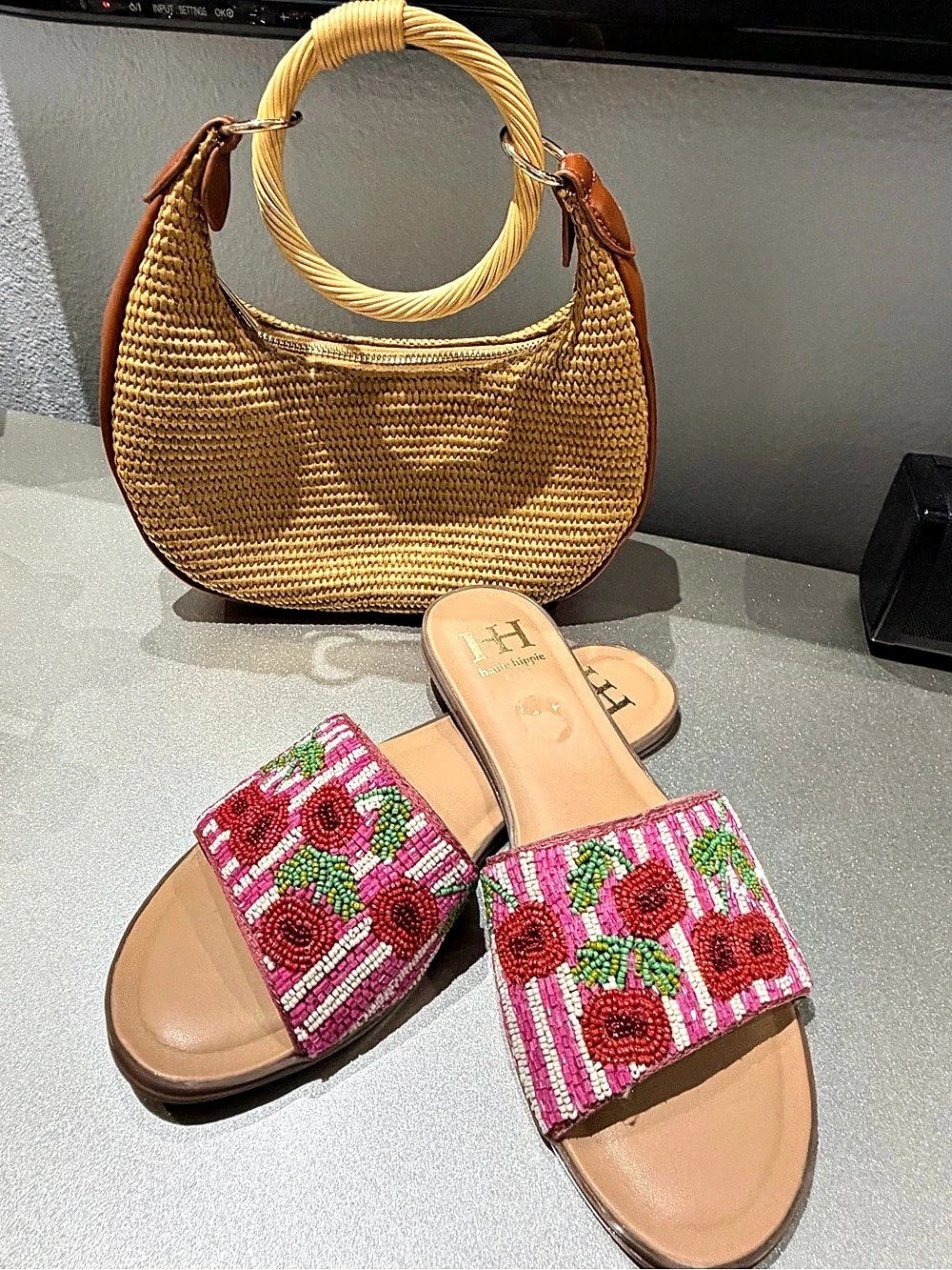 Floral Embroidered Slide Sandals in Pink Like New
